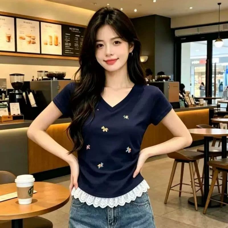 40 순면 1 1 리브 210 그램 레이스 조각 긍정적 인 어깨 티셔츠 여성용 짧은 소매 여름 몸매 가꾸기 주름 허리 수축 맨위 이미지 4