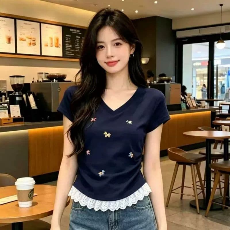 40 순면 1 1 리브 210 그램 레이스 조각 긍정적 인 어깨 티셔츠 여성용 짧은 소매 여름 몸매 가꾸기 주름 허리 수축 맨위