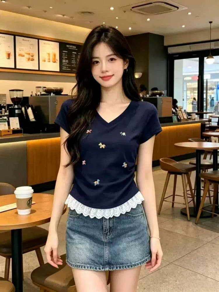 40 순면 1 1 리브 210 그램 레이스 조각 긍정적 인 어깨 티셔츠 여성용 짧은 소매 여름 몸매 가꾸기 주름 허리 수축 맨위 상세 이미지 2