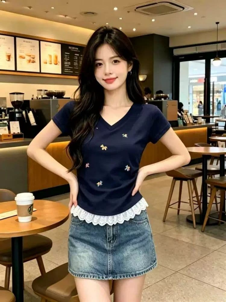 40 순면 1 1 리브 210 그램 레이스 조각 긍정적 인 어깨 티셔츠 여성용 짧은 소매 여름 몸매 가꾸기 주름 허리 수축 맨위 상세 이미지 4