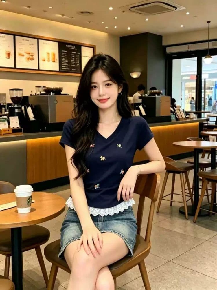 40 순면 1 1 리브 210 그램 레이스 조각 긍정적 인 어깨 티셔츠 여성용 짧은 소매 여름 몸매 가꾸기 주름 허리 수축 맨위 상세 이미지 5