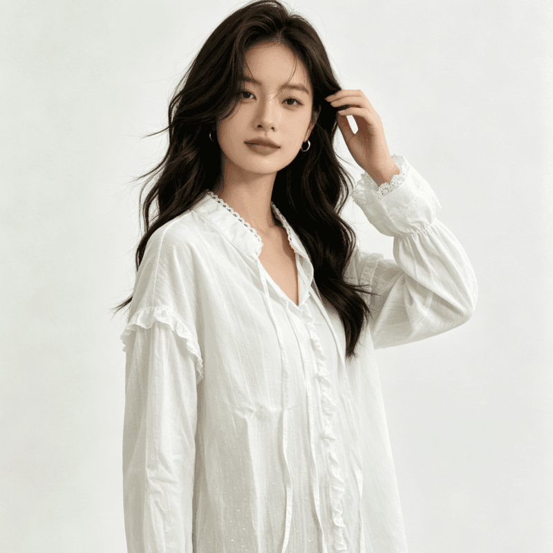 프랑스식 레이스 조각 프릴 자카드 화이트 셔츠 레이스업 나팔 소매 자외선 차단 맨위 리본 슬림해 보이는 상세 이미지 6