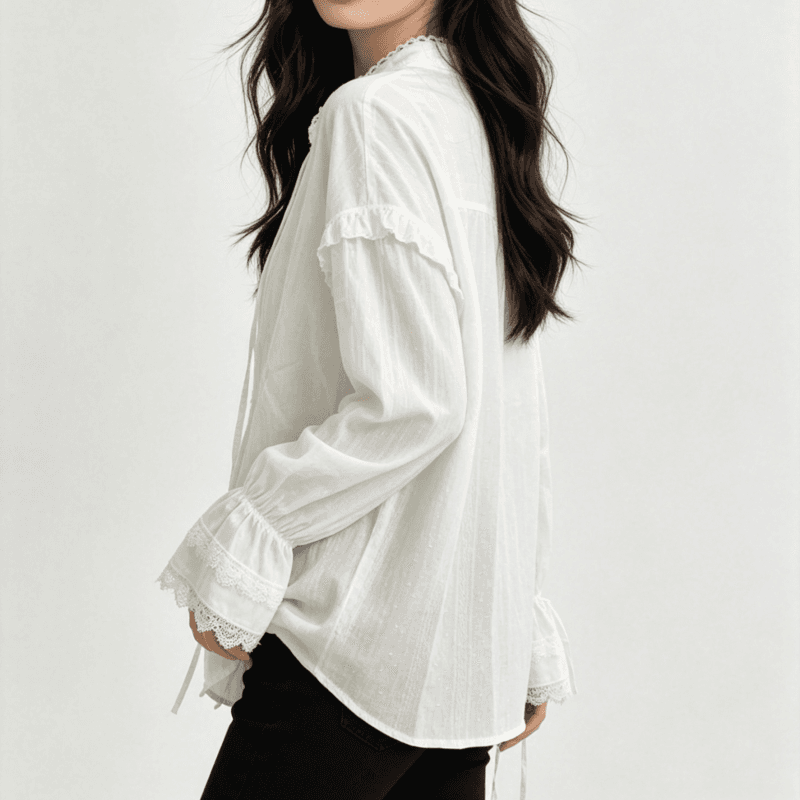 프랑스식 레이스 조각 프릴 자카드 화이트 셔츠 레이스업 나팔 소매 자외선 차단 맨위 리본 슬림해 보이는 상세 이미지 10