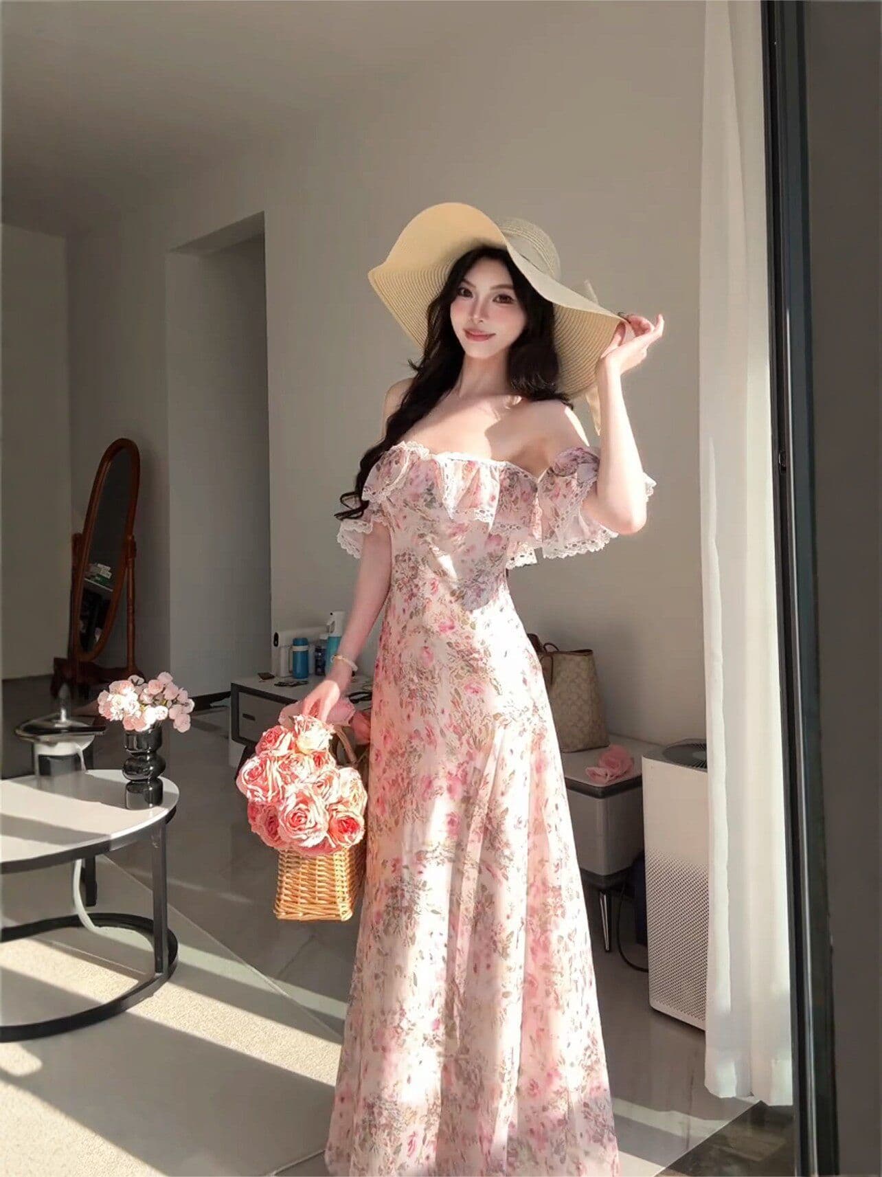 오프숄더 프랑스식 깨진 꽃차 휴식 여성 드레스 여름 휴가 부드러운 바람 롱 스커트 허리 수축 아름다운 품격 치마 이미지 4