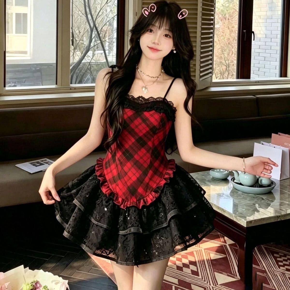 2026 소녀 프랑스식 체크무늬 슬립 드레스 쇼트 스타일 퍼프 스커트 달콤한 매운맛 바람 빨간색 검은 격자 party 작은 치마