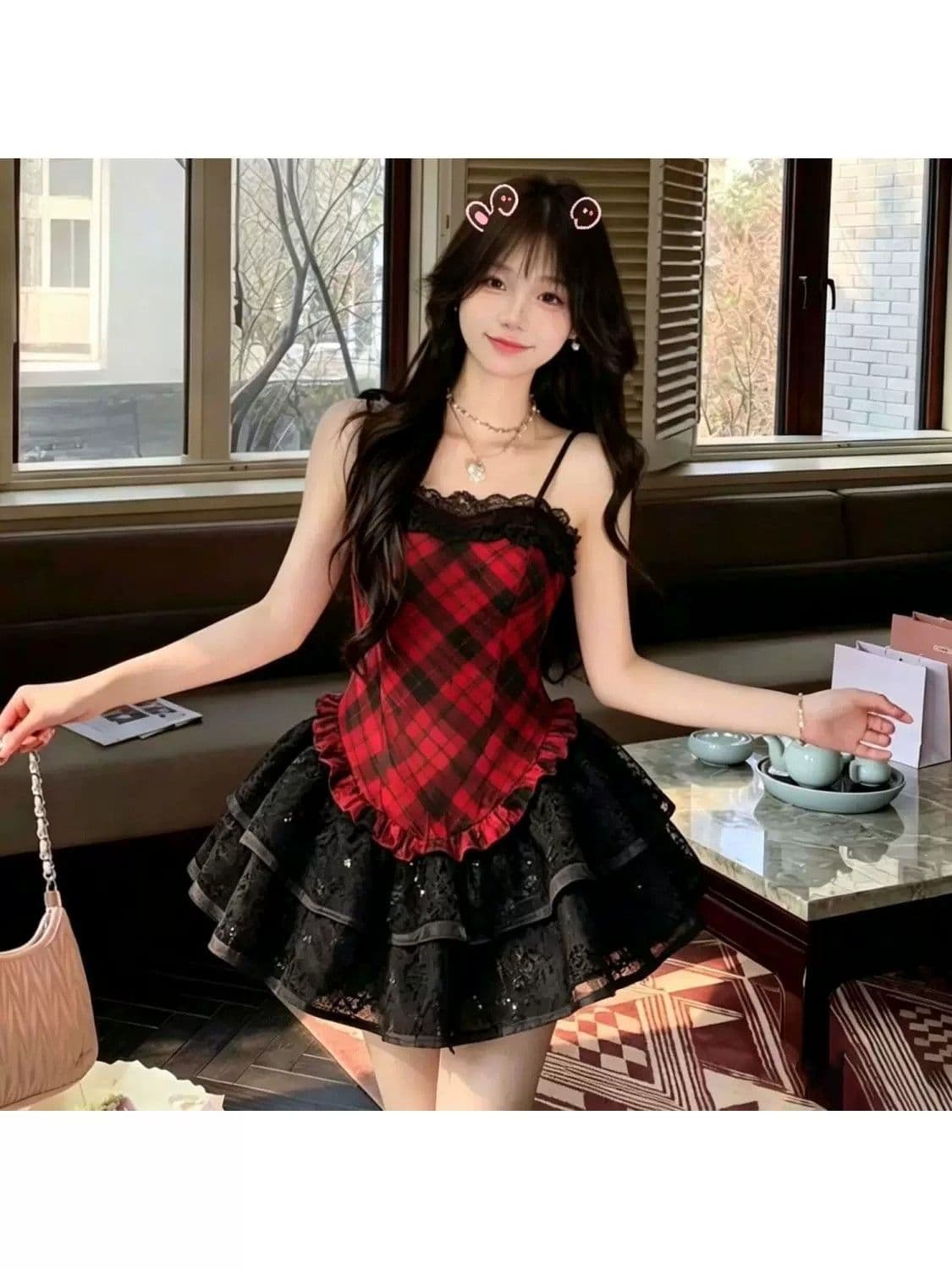 2026 소녀 프랑스식 체크무늬 슬립 드레스 쇼트 스타일 퍼프 스커트 달콤한 매운맛 바람 빨간색 검은 격자 party 작은 치마 상세 이미지 5