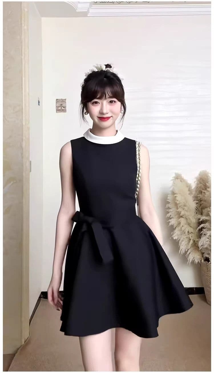 있음 안감 그는 벤 바람 민소매 검정색 여성 드레스 허리 수축 A라인 스커트 천 골드 고급 센스 치마 여름 새로운 상세 이미지 3