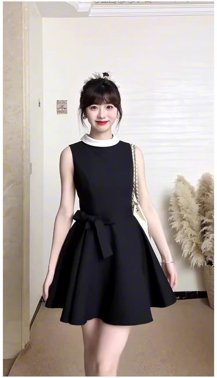 있음 안감 그는 벤 바람 민소매 검정색 여성 드레스 허리 수축 A라인 스커트 천 골드 고급 센스 치마 여름 새로운 상세 이미지 5