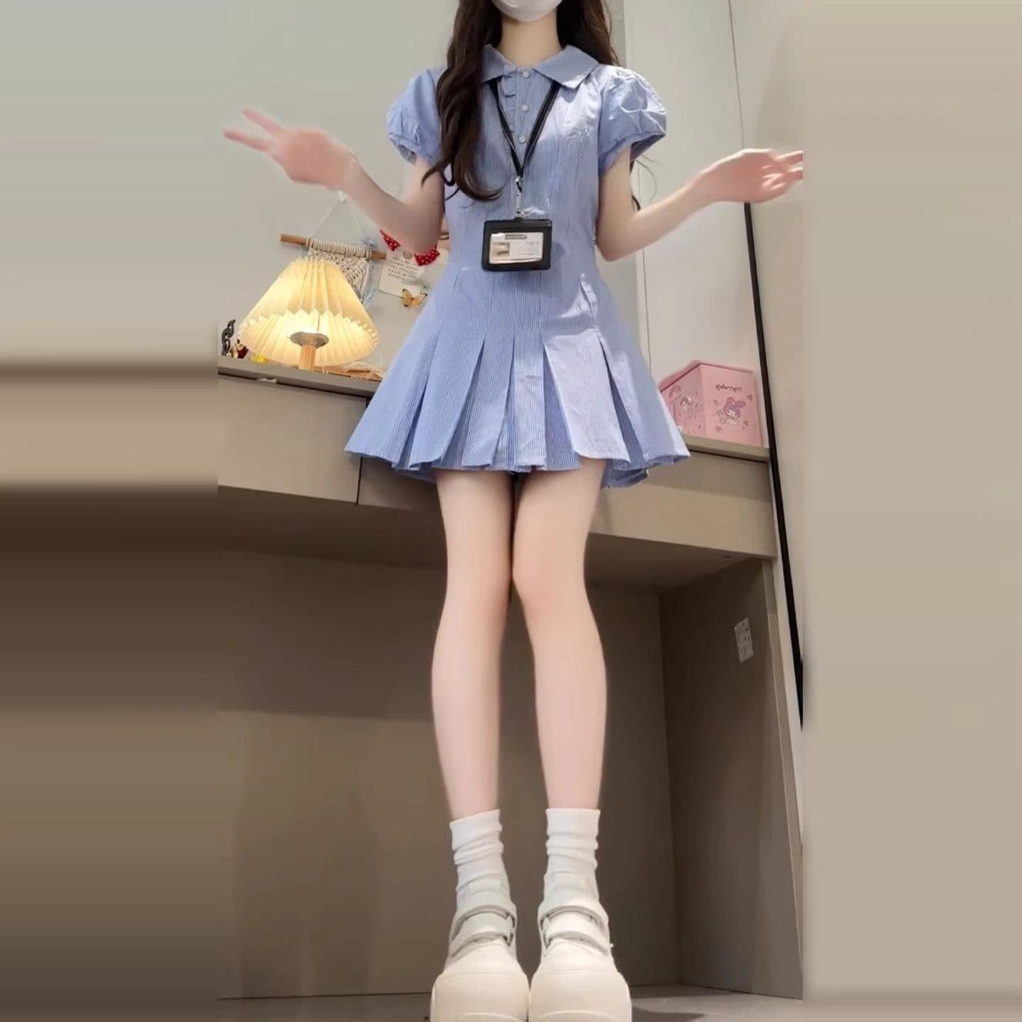 파란색 체크무늬 셔츠 드레스 여성 의류 2026 여름 폭발 작은 키 허리 수축 슬림해 보이는 품격 플리츠 미니 스커트 이미지 4