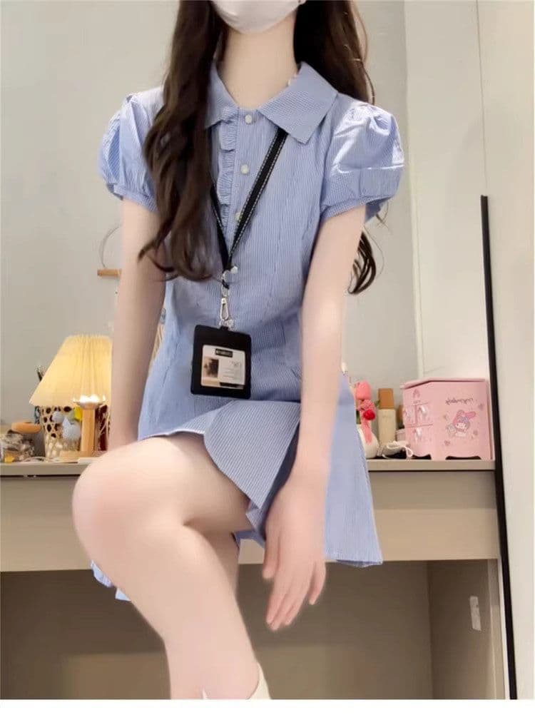 파란색 체크무늬 셔츠 드레스 여성 의류 2026 여름 폭발 작은 키 허리 수축 슬림해 보이는 품격 플리츠 미니 스커트 상세 이미지 1