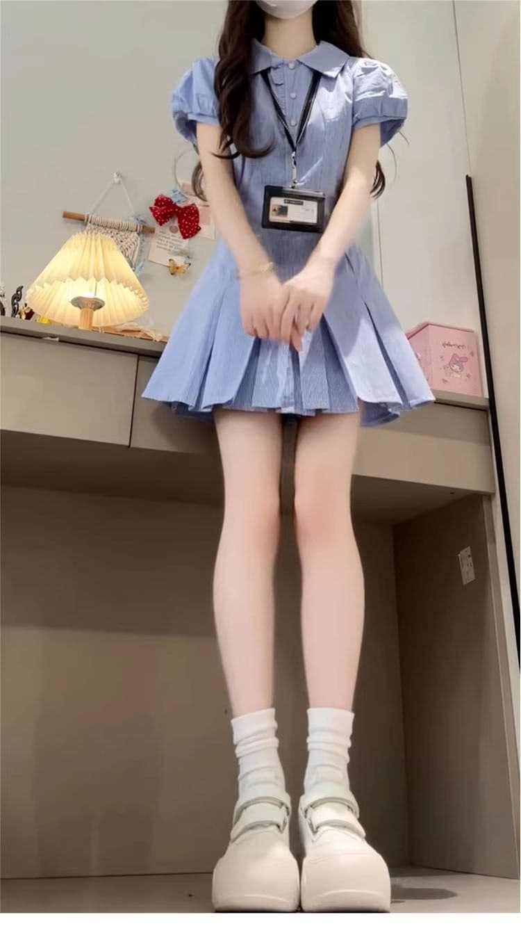 파란색 체크무늬 셔츠 드레스 여성 의류 2026 여름 폭발 작은 키 허리 수축 슬림해 보이는 품격 플리츠 미니 스커트 상세 이미지 3