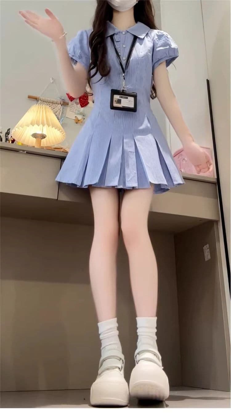 파란색 체크무늬 셔츠 드레스 여성 의류 2026 여름 폭발 작은 키 허리 수축 슬림해 보이는 품격 플리츠 미니 스커트 상세 이미지 4