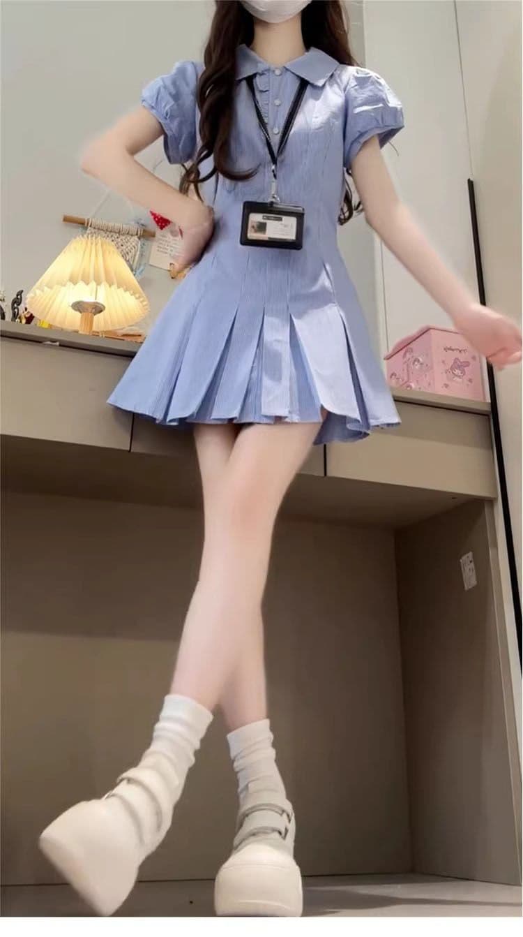 파란색 체크무늬 셔츠 드레스 여성 의류 2026 여름 폭발 작은 키 허리 수축 슬림해 보이는 품격 플리츠 미니 스커트 상세 이미지 5