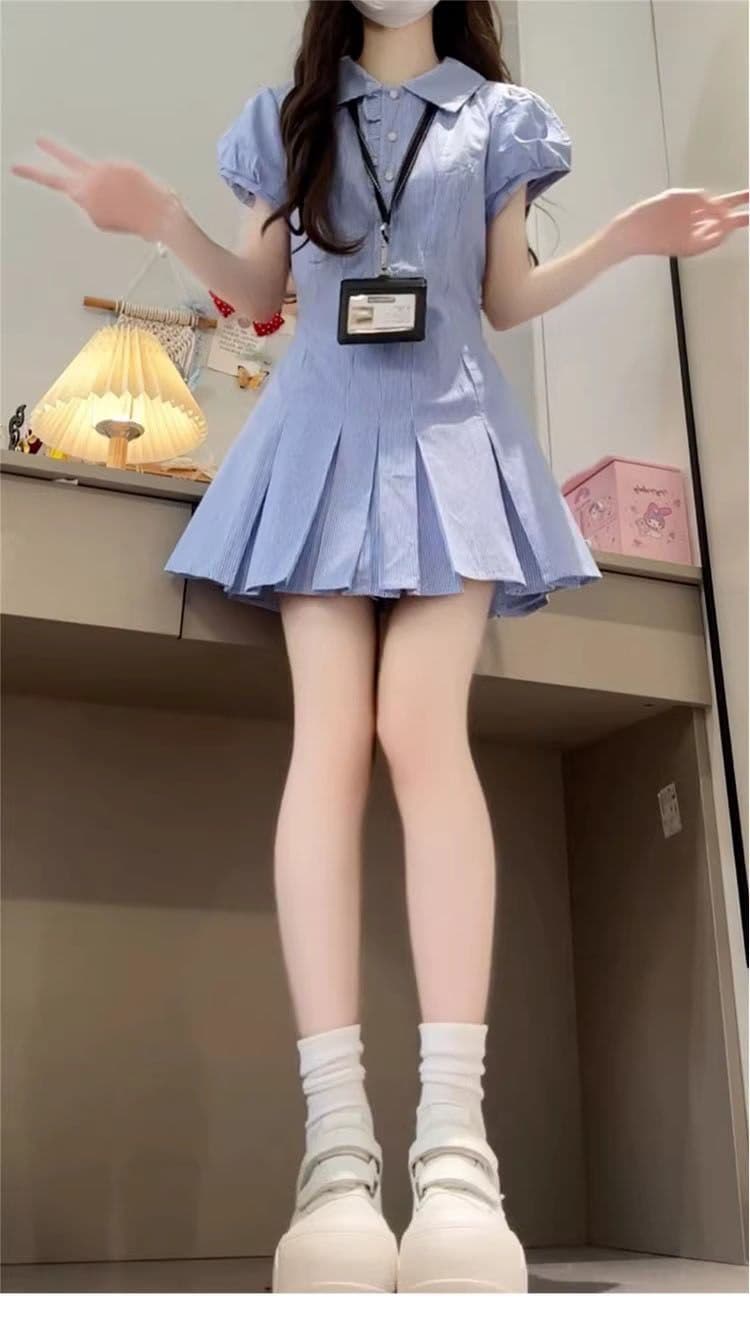 파란색 체크무늬 셔츠 드레스 여성 의류 2026 여름 폭발 작은 키 허리 수축 슬림해 보이는 품격 플리츠 미니 스커트 상세 이미지 6