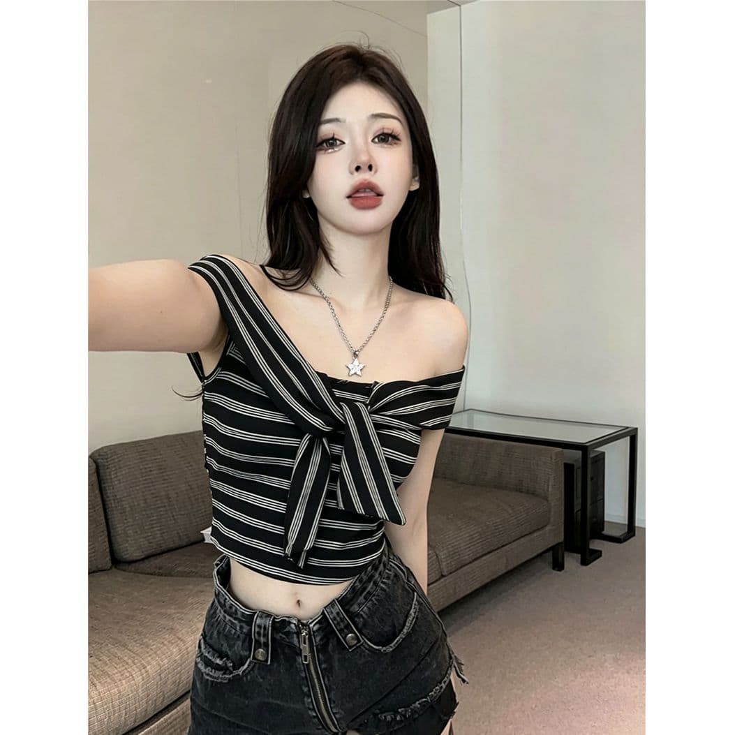 원본 것 순수한 코튼 기사 한국 스타일 기타 착용 비틀림 오프숄더 스트라이프 몸매 가꾸기 반팔 티셔츠 맨위 이미지 3