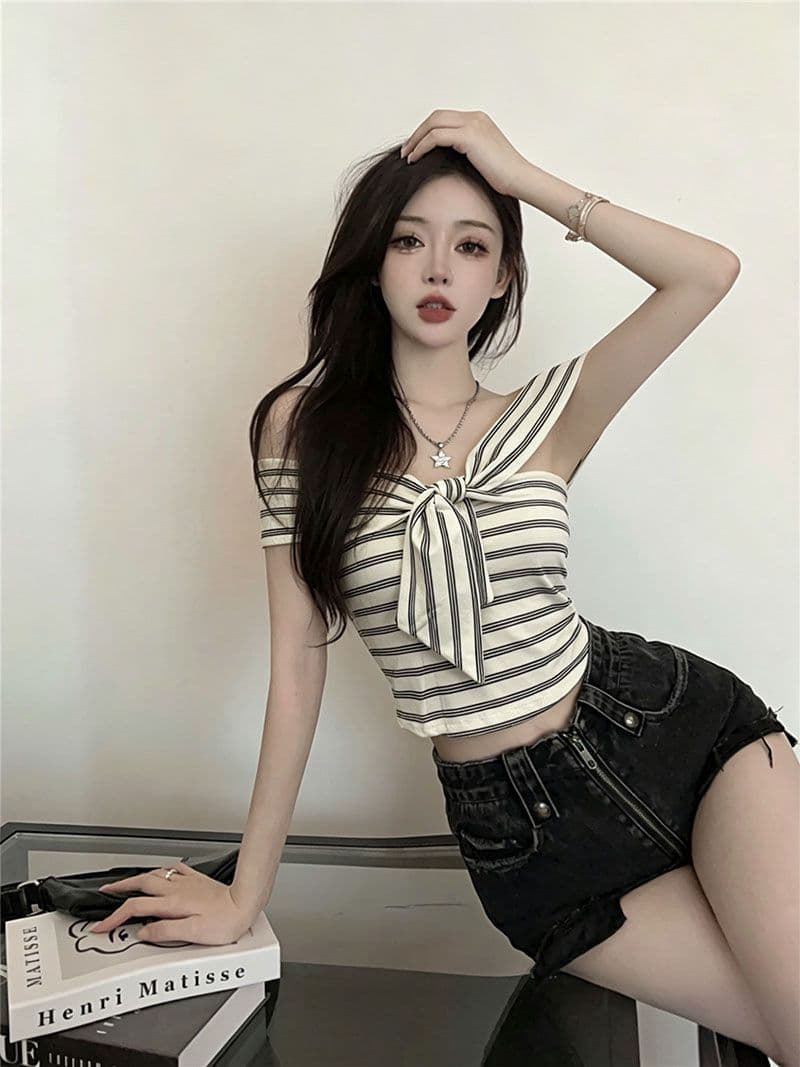 원본 것 순수한 코튼 기사 한국 스타일 기타 착용 비틀림 오프숄더 스트라이프 몸매 가꾸기 반팔 티셔츠 맨위 상세 이미지 8