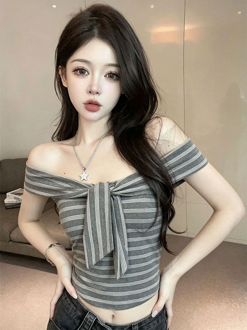 원본 것 순수한 코튼 기사 한국 스타일 기타 착용 비틀림 오프숄더 스트라이프 몸매 가꾸기 반팔 티셔츠 맨위 상세 이미지 9