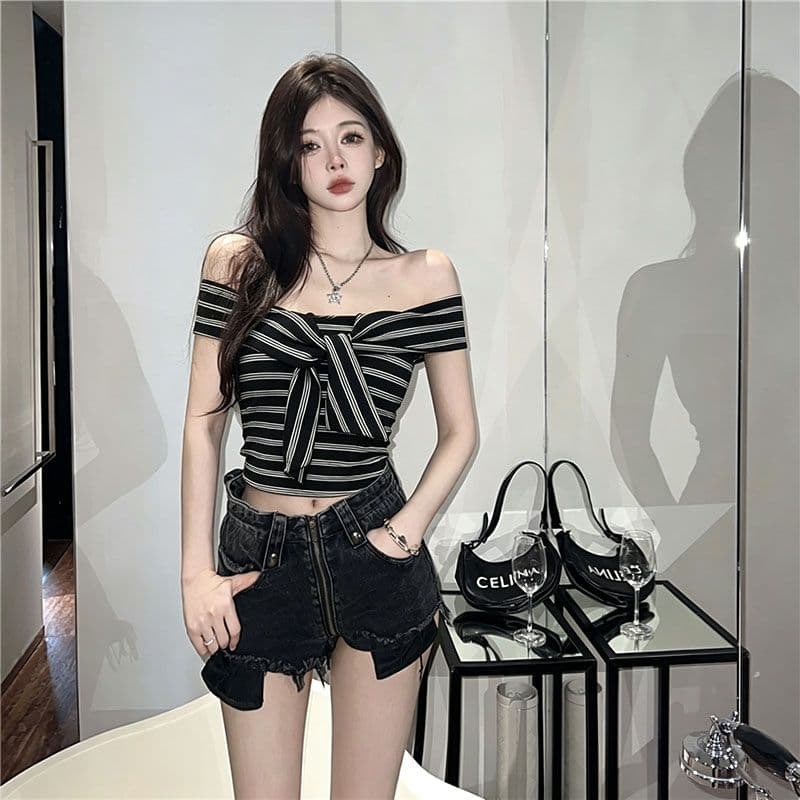원본 것 순수한 코튼 기사 한국 스타일 기타 착용 비틀림 오프숄더 스트라이프 몸매 가꾸기 반팔 티셔츠 맨위 상세 이미지 11
