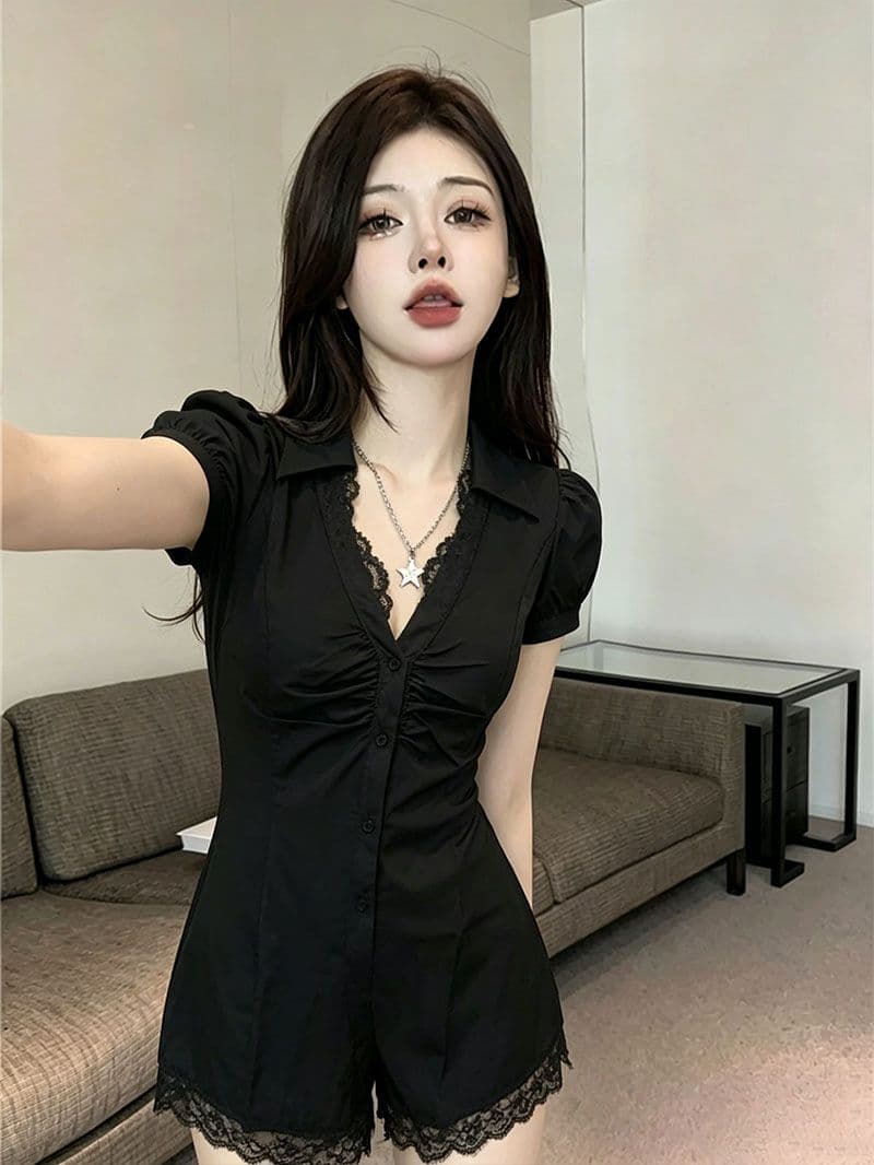 프랑스식 품격 디자인 센스 레이스 조각 허리 수축 치마 외국 가스 버블 반팔 여성 드레스 상세 이미지 9