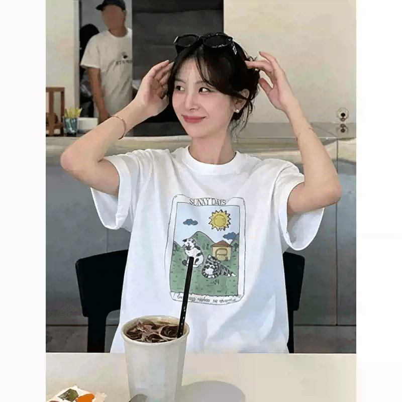 21 순면 210 그램 어리석은 면 여름 드레스 반팔 티셔츠 여성 한국 스타일 빅 사이즈 루즈핏 이미지 3