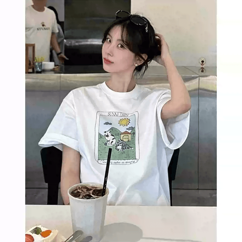 21 순면 210 그램 어리석은 면 여름 드레스 반팔 티셔츠 여성 한국 스타일 빅 사이즈 루즈핏
