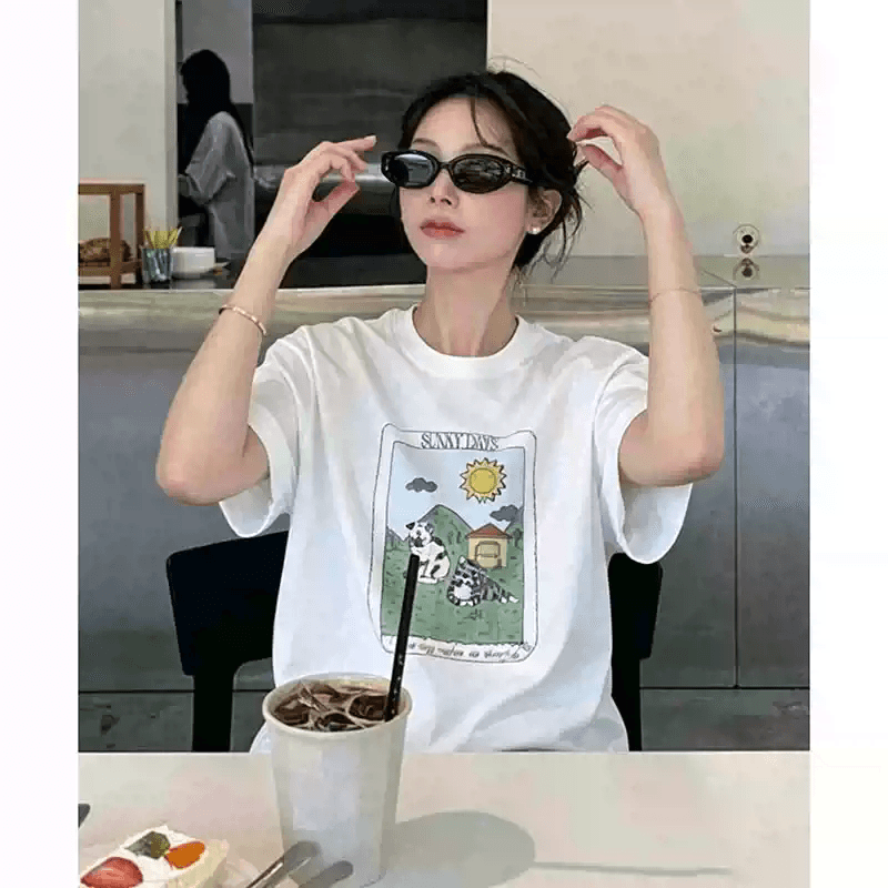 21 순면 210 그램 어리석은 면 여름 드레스 반팔 티셔츠 여성 한국 스타일 빅 사이즈 루즈핏 상세 이미지 6