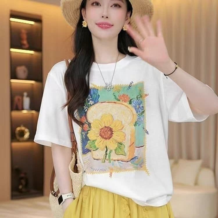 21 순면 210 그램 순면 여름 드레스 반팔 티셔츠 여성 한국 스타일 빅 사이즈 루즈핏 상세 이미지 3