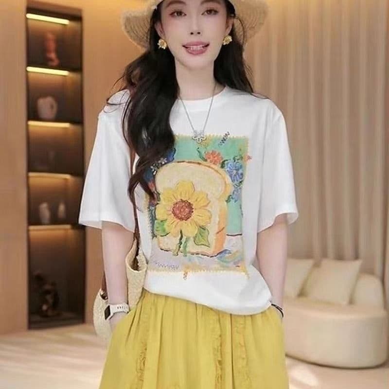 21 순면 210 그램 순면 여름 드레스 반팔 티셔츠 여성 한국 스타일 빅 사이즈 루즈핏 상세 이미지 6