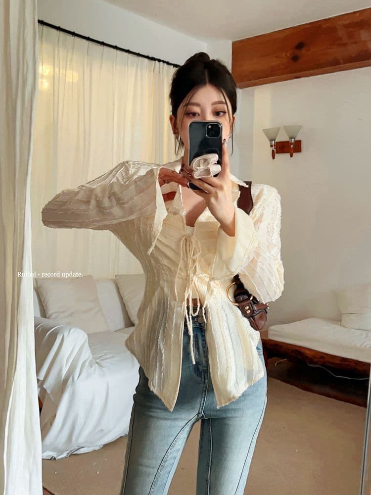 원본 쉬폰 스트라이프 원단 좋은 품질 몸매 가꾸기 긴팔 셔츠 V넥 불규칙 디자인 센스 작은 대중 맨위 이미지 3
