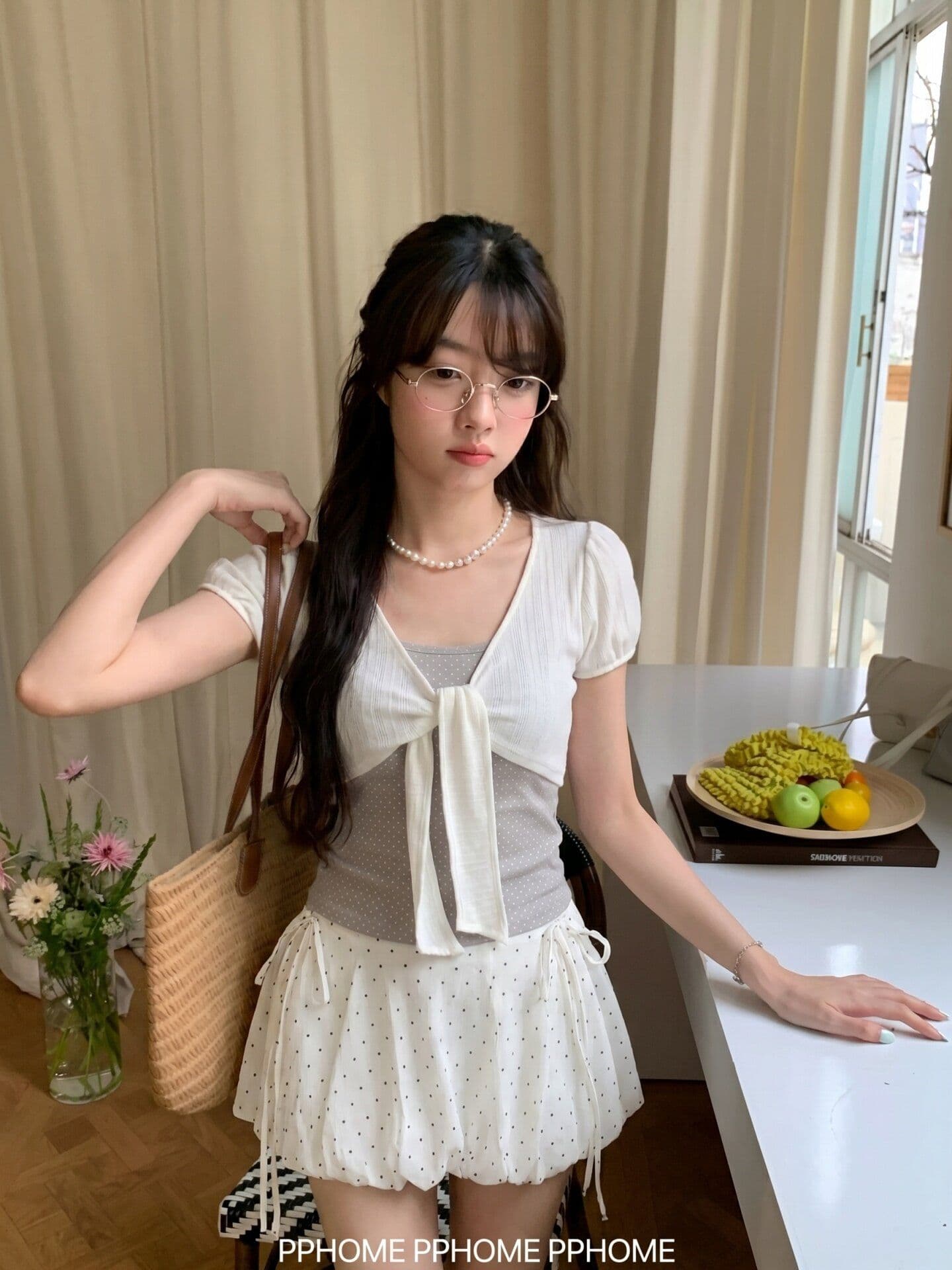 푸딩 와 사고 방식 한 부서 달콤한 스타일 스트랩 도트 무늬 티셔츠 여성 페이크 레이어드 부드러운 슬림해 보이는 tee 상세 이미지 6