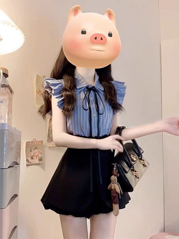 학원 스타일 캐주얼 패션 세트 여름 고급 센스 달콤함 작은 키 파란색 스트라이프 셔츠 반바지 투피스 세트 이미지 2