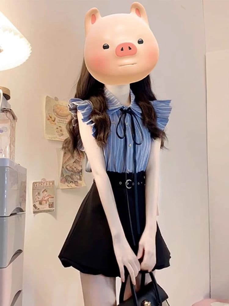 학원 스타일 캐주얼 패션 세트 여름 고급 센스 달콤함 작은 키 파란색 스트라이프 셔츠 반바지 투피스 세트 이미지 4