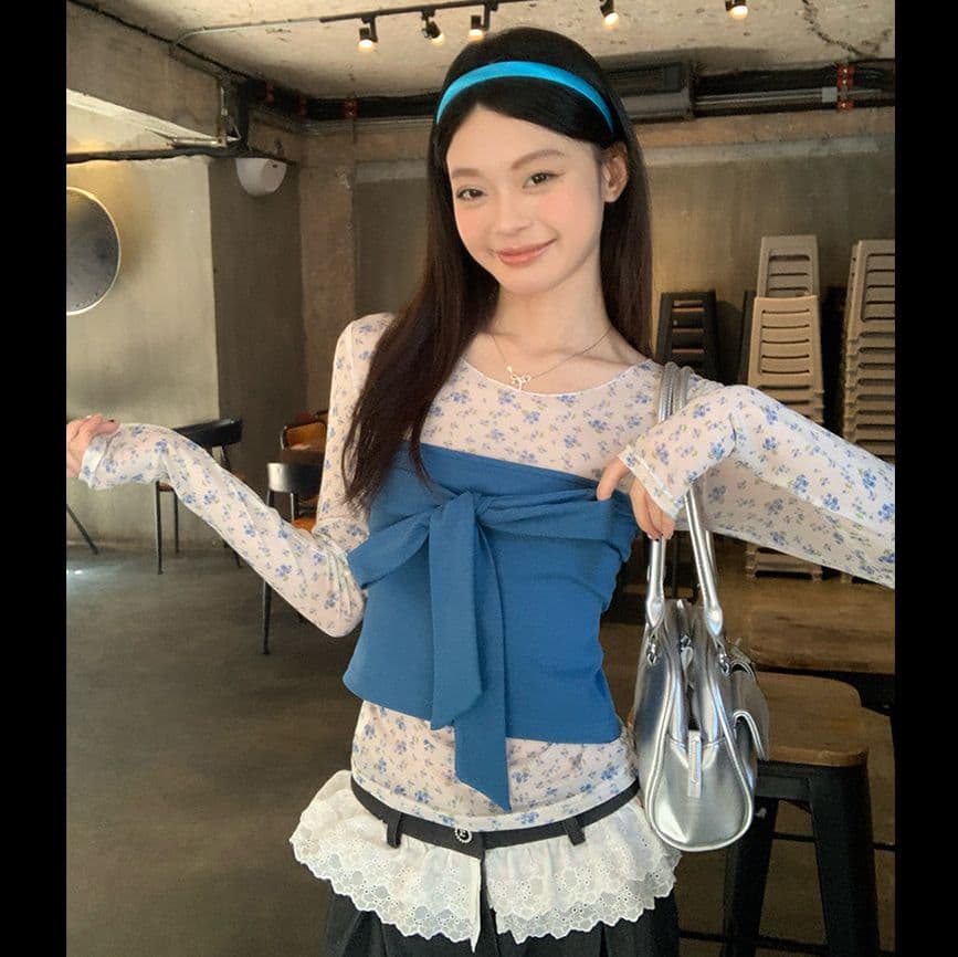 원본 티셔츠 튜브탑 파란색 작은 꽃무늬 마이크로 ~을 통해 몸매 가꾸기 긴팔 티셔츠 여성 봄 새로운 기본 셔츠 이미지 2