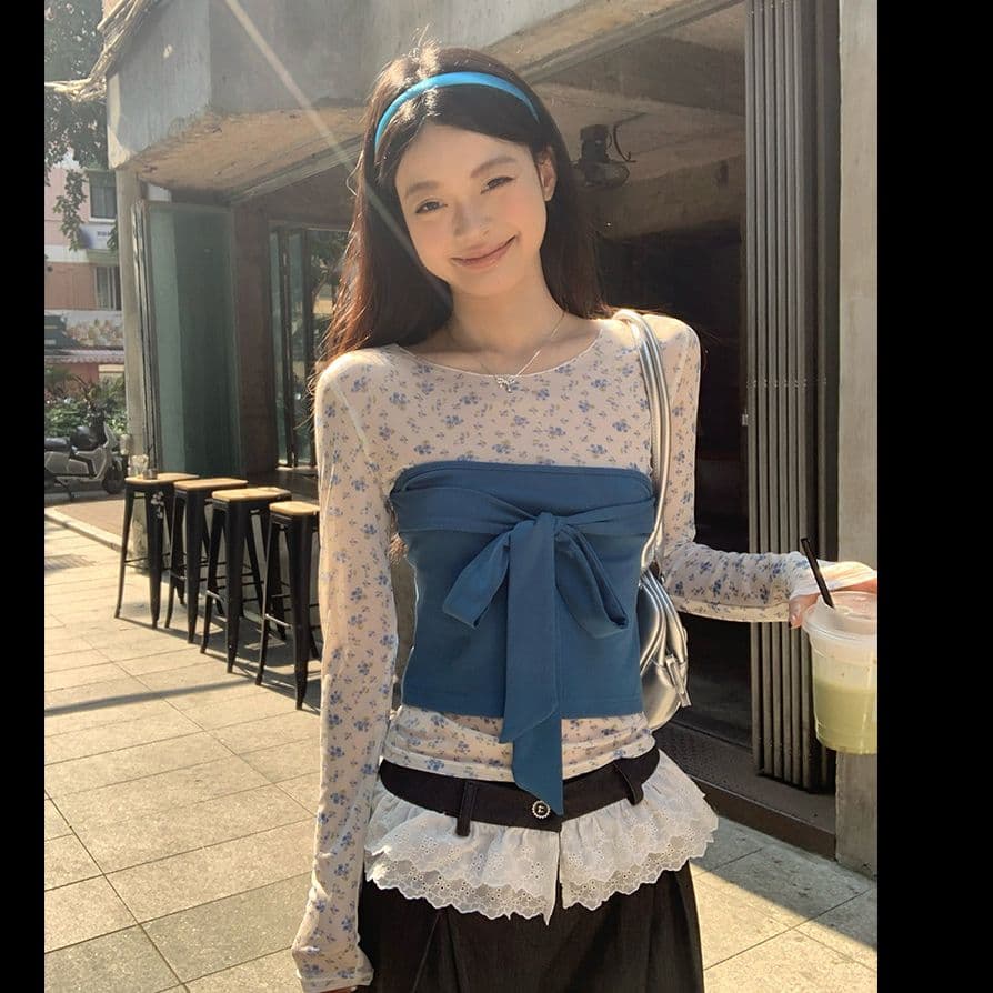 원본 티셔츠 튜브탑 파란색 작은 꽃무늬 마이크로 ~을 통해 몸매 가꾸기 긴팔 티셔츠 여성 봄 새로운 기본 셔츠 이미지 4