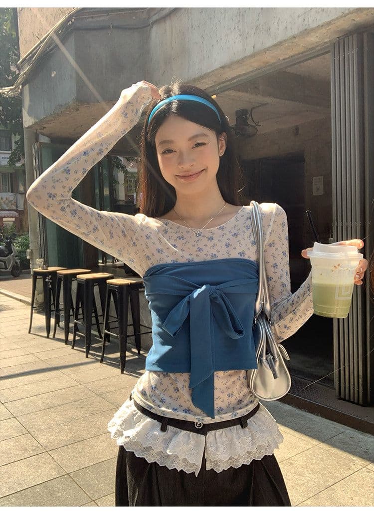 원본 티셔츠 튜브탑 파란색 작은 꽃무늬 마이크로 ~을 통해 몸매 가꾸기 긴팔 티셔츠 여성 봄 새로운 기본 셔츠 상세 이미지 8