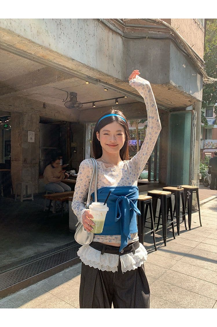 원본 티셔츠 튜브탑 파란색 작은 꽃무늬 마이크로 ~을 통해 몸매 가꾸기 긴팔 티셔츠 여성 봄 새로운 기본 셔츠 상세 이미지 10