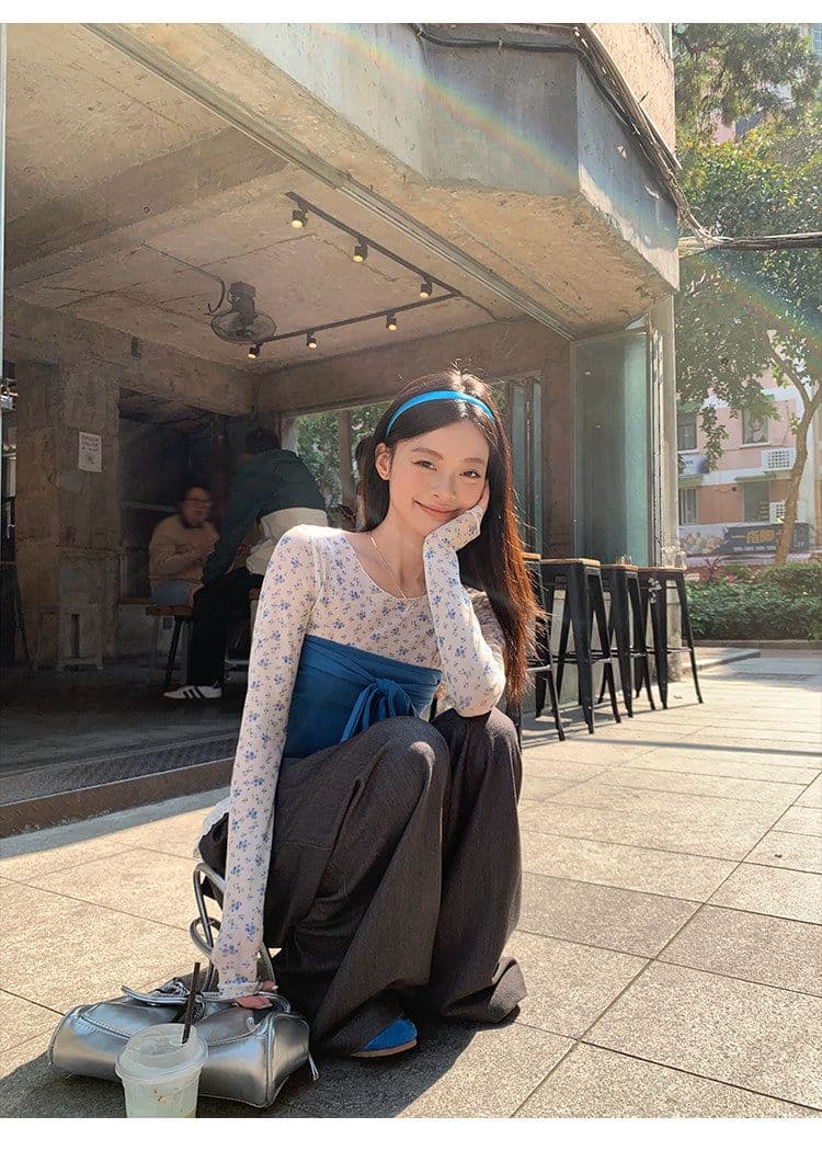 원본 티셔츠 튜브탑 파란색 작은 꽃무늬 마이크로 ~을 통해 몸매 가꾸기 긴팔 티셔츠 여성 봄 새로운 기본 셔츠 상세 이미지 13