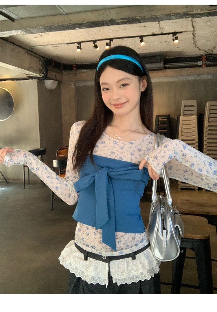 원본 티셔츠 튜브탑 파란색 작은 꽃무늬 마이크로 ~을 통해 몸매 가꾸기 긴팔 티셔츠 여성 봄 새로운 기본 셔츠 상세 이미지 20
