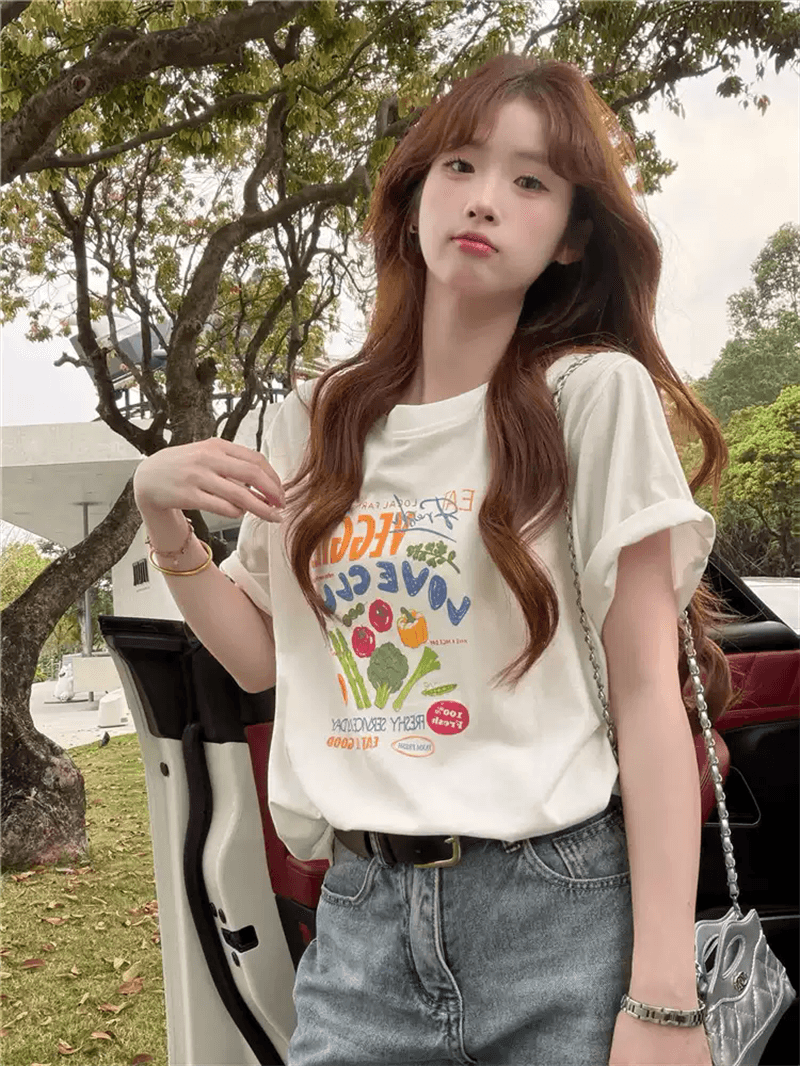 21 순면 210 그램 이후 패키지 칼라 여름 드레스 한 부서 반팔 티셔츠 여성 한국 스타일 루즈핏 빅 사이즈 프린트 상세 이미지 4