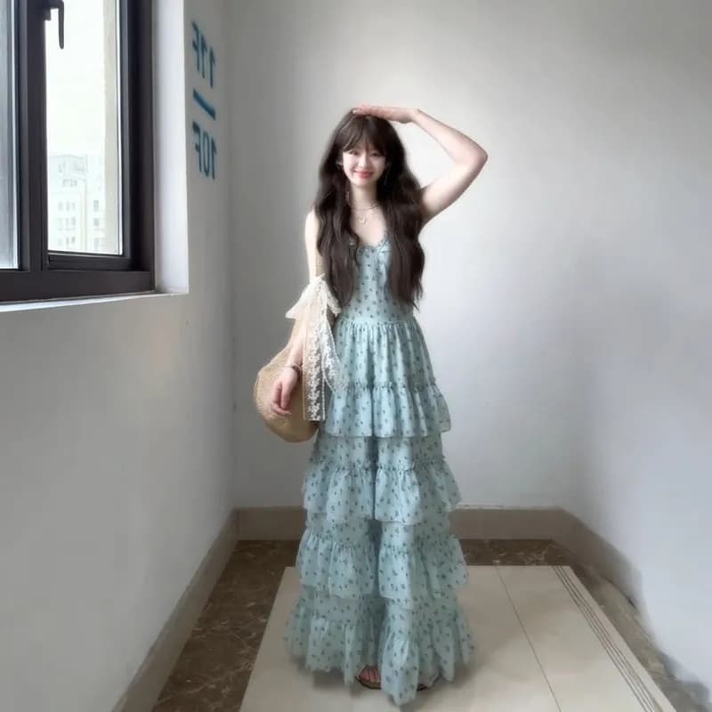 여름 해변가 휴가 바람 파란색 꽃무늬 멜빵 여성 드레스 한국 스타일 달콤함 신선함 품격 허리 수축 케이크 드레스 상세 이미지 9