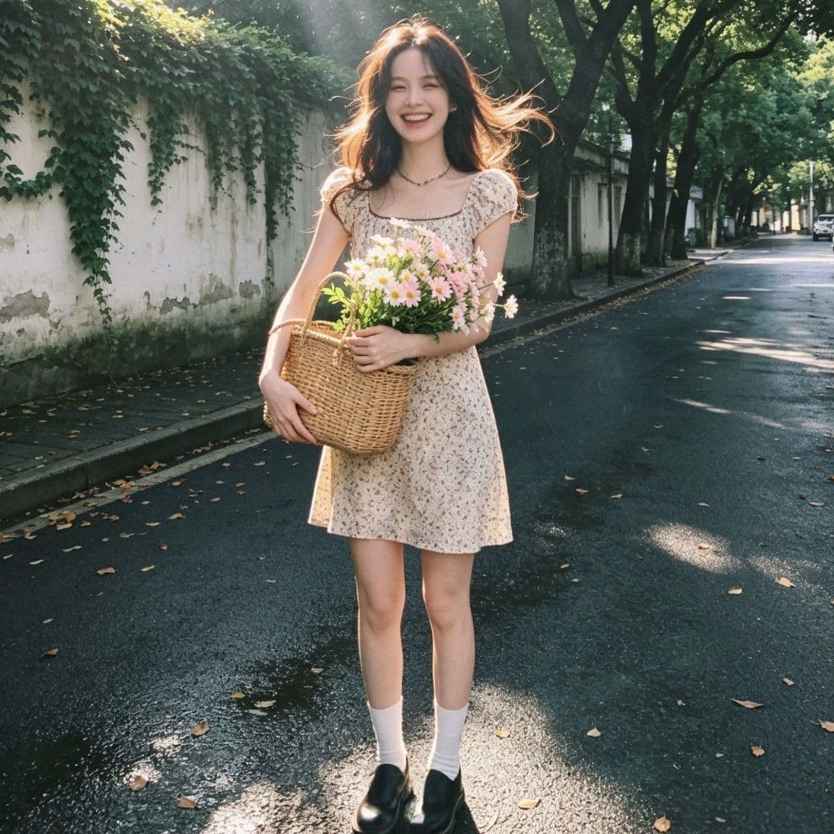 전원 바람 꽃무늬 쌀 살구 색상 광장 칼라 허리 수축 여성 드레스 여름 2026 새로운 프랑스식 부드러운 반팔 미니 스커트 이미지 4