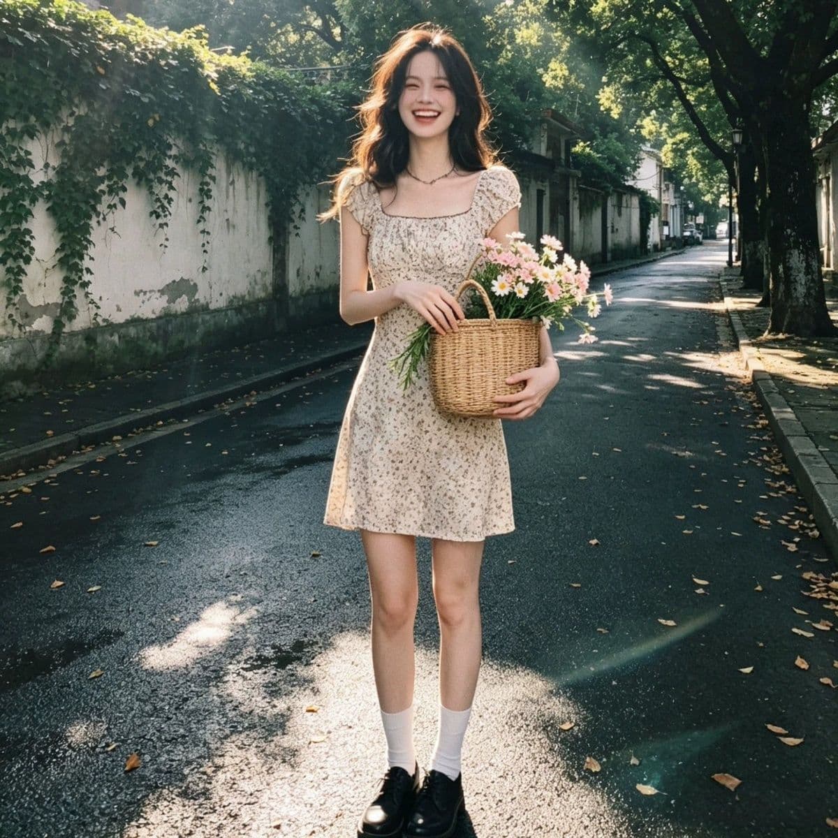 전원 바람 꽃무늬 쌀 살구 색상 광장 칼라 허리 수축 여성 드레스 여름 2026 새로운 프랑스식 부드러운 반팔 미니 스커트 이미지 3