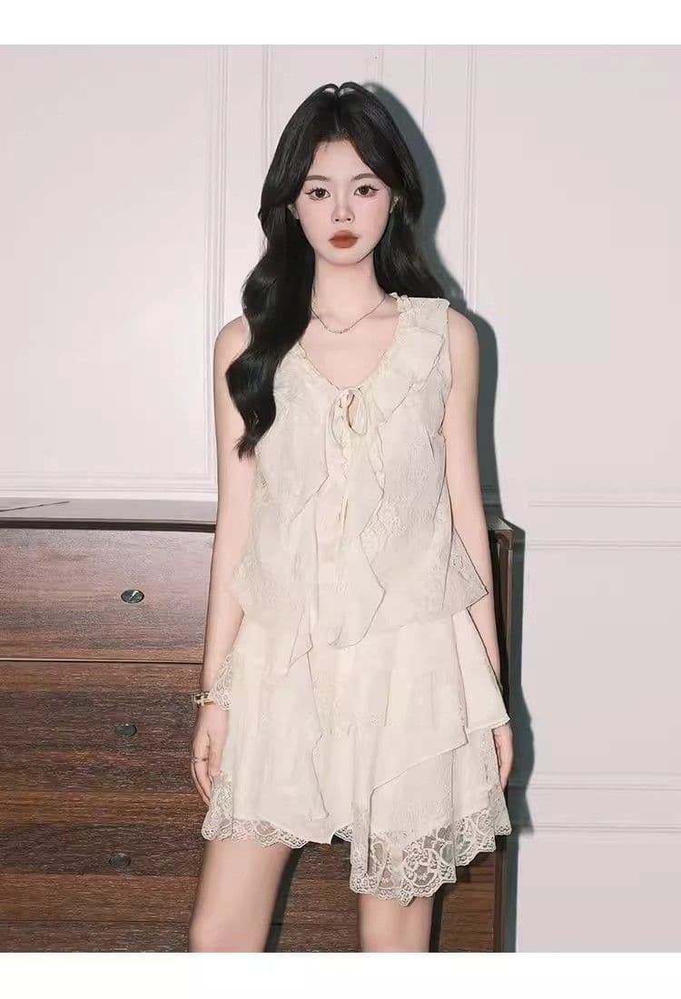 흐름 지불 고유 한 살구 색상 민소매 조끼 맨위 여성 아름다운 레이스 미니 스커트 프랑스식 레이스 신제품 일반 세트 상세 이미지 14