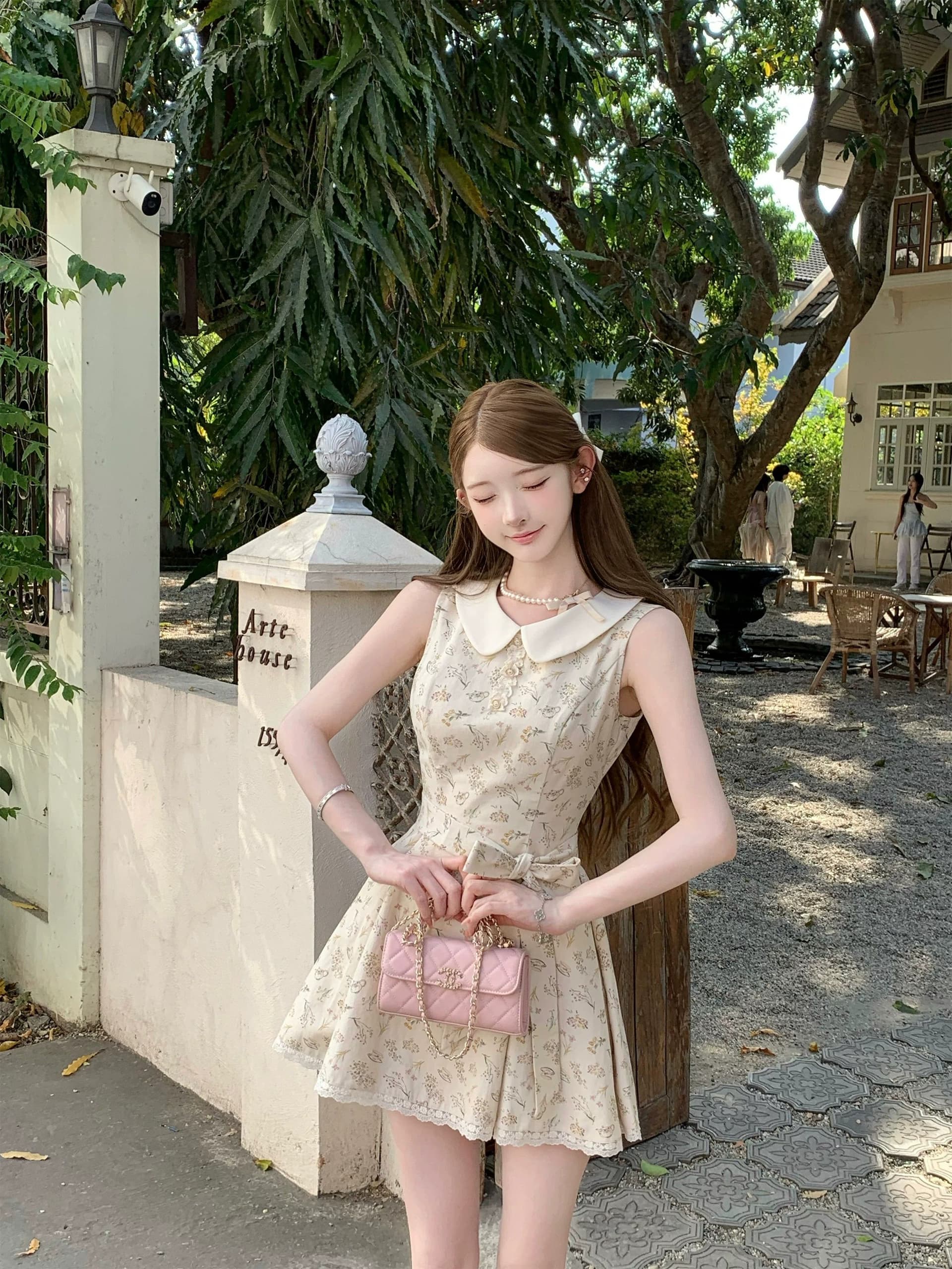 2026 여름 새로운 베이비 칼라 민소매 레이스업 치마 슈퍼 잘 생긴 프랑스식 꽃무늬 드레스 허리 수축 슬림해 보이는 여성 의류 이미지 5