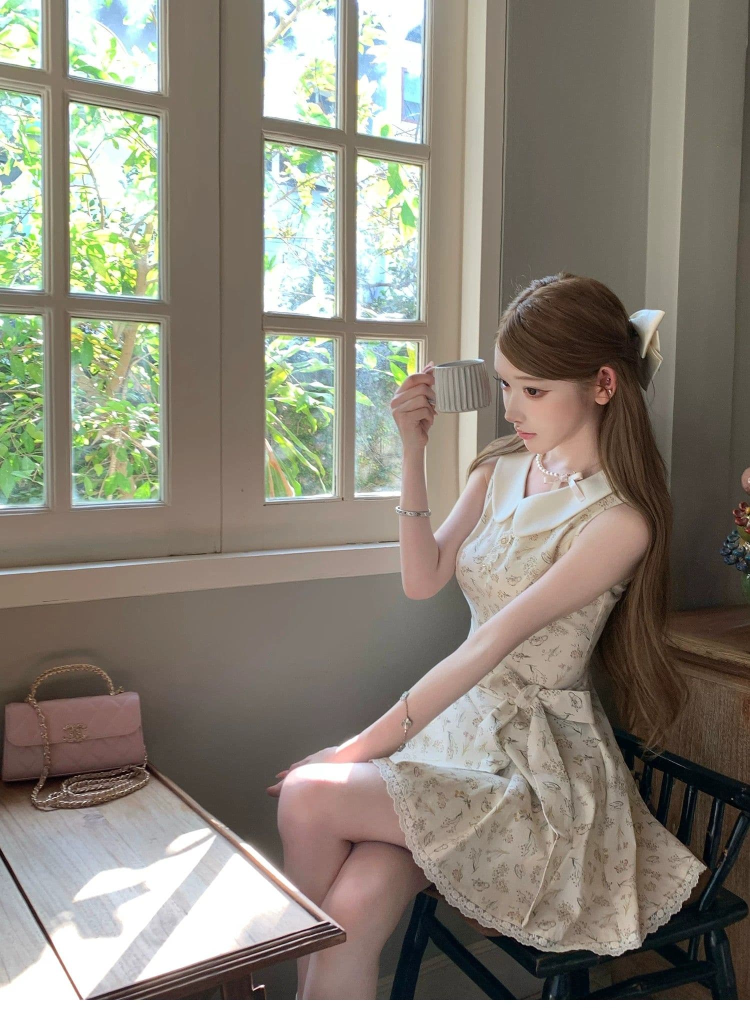 2026 여름 새로운 베이비 칼라 민소매 레이스업 치마 슈퍼 잘 생긴 프랑스식 꽃무늬 드레스 허리 수축 슬림해 보이는 여성 의류 상세 이미지 15
