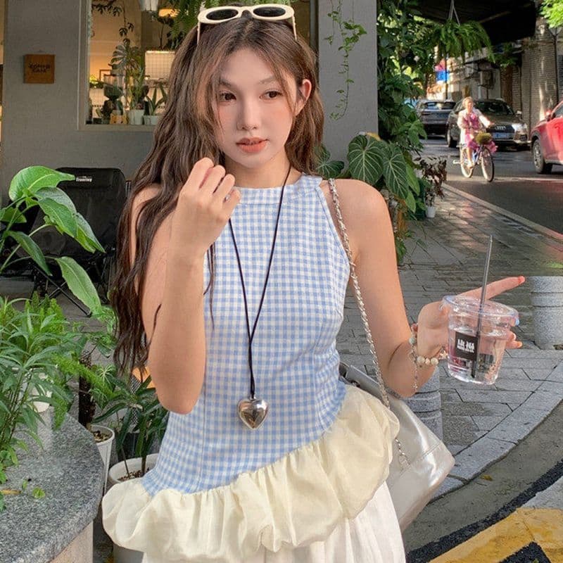 원본 원단 것 프랑스식 달콤한 매운맛 바람 파란색 체크무늬 행침 목 조끼 여성 여름 몸매 가꾸기 슬림해 보이는 민소매 맨위 이미지 4
