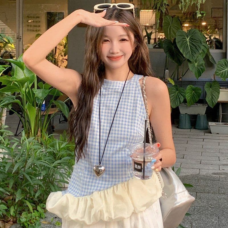 원본 원단 것 프랑스식 달콤한 매운맛 바람 파란색 체크무늬 행침 목 조끼 여성 여름 몸매 가꾸기 슬림해 보이는 민소매 맨위