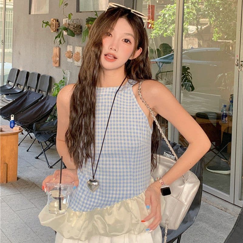 원본 원단 것 프랑스식 달콤한 매운맛 바람 파란색 체크무늬 행침 목 조끼 여성 여름 몸매 가꾸기 슬림해 보이는 민소매 맨위 이미지 2