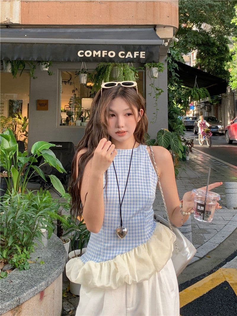 원본 원단 것 프랑스식 달콤한 매운맛 바람 파란색 체크무늬 행침 목 조끼 여성 여름 몸매 가꾸기 슬림해 보이는 민소매 맨위 상세 이미지 1