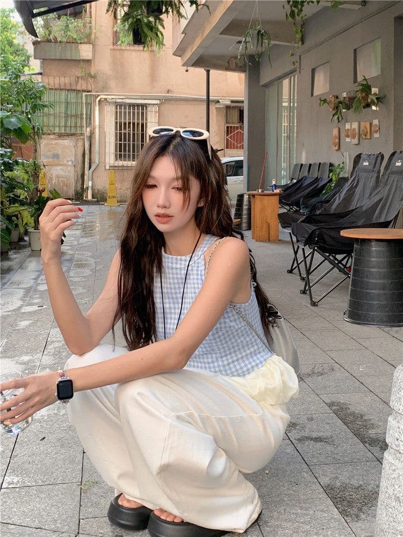 원본 원단 것 프랑스식 달콤한 매운맛 바람 파란색 체크무늬 행침 목 조끼 여성 여름 몸매 가꾸기 슬림해 보이는 민소매 맨위 상세 이미지 3